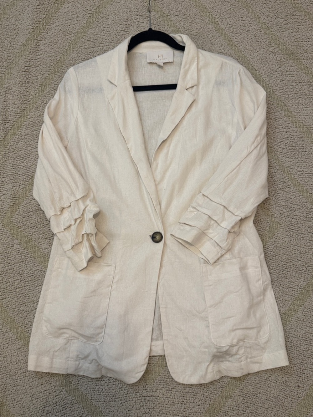 Halston Linen Blend Blazer Ruffle Sleeve Ivory Lightweight Jacket Size L